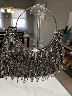 Vintage Y2K Silver Beaded Fringe Evening Bag Crystal Sequin Hoop Handle Clutch